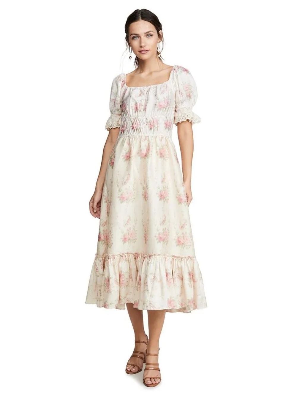 LoveShackFancy Rose Floral 100% Silk Dress Size Medium with Ruffle Sleeves